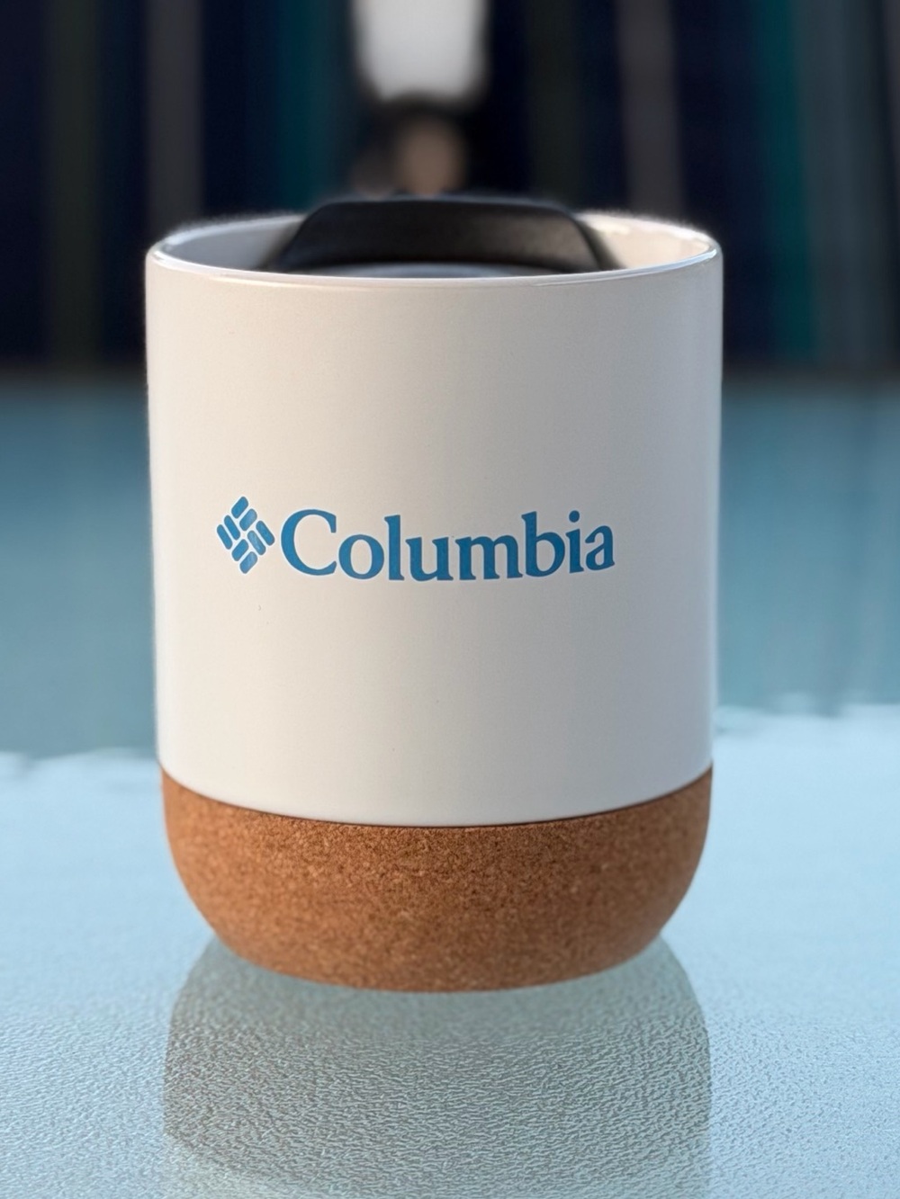 Columbia Matte White Ceramic Natural Cork Bottom Coffee Tumbler Mug and Lid